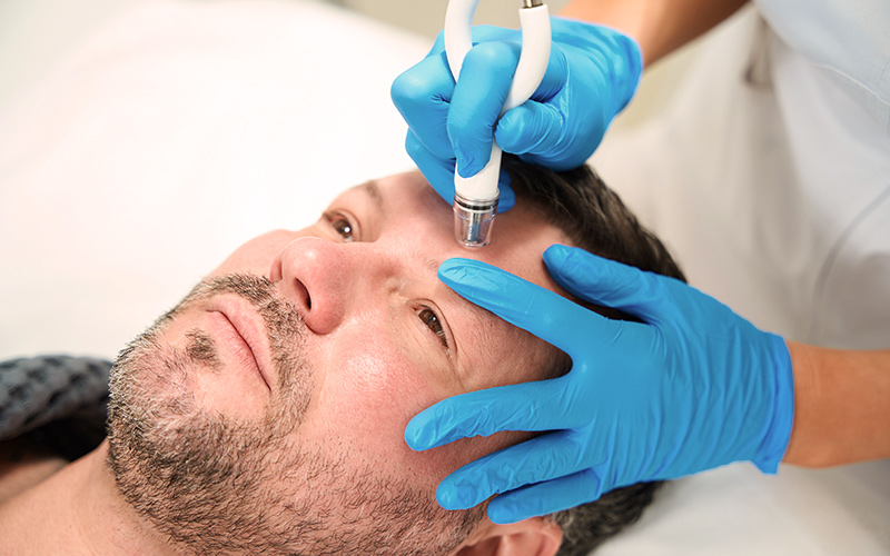 CO2 laser resurfacing treatment on man’s forehead performed by clinician to reduce wrinkles, scars, and improve skin texture